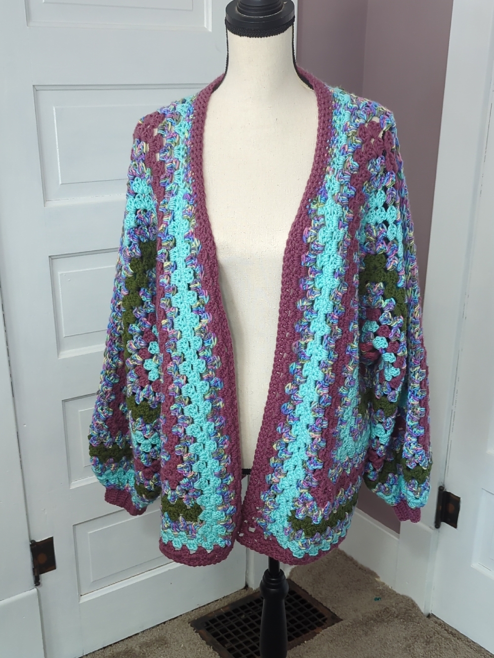 Handmade Multicolor Crochet Open Cardigan Sweater - Purple & Teal